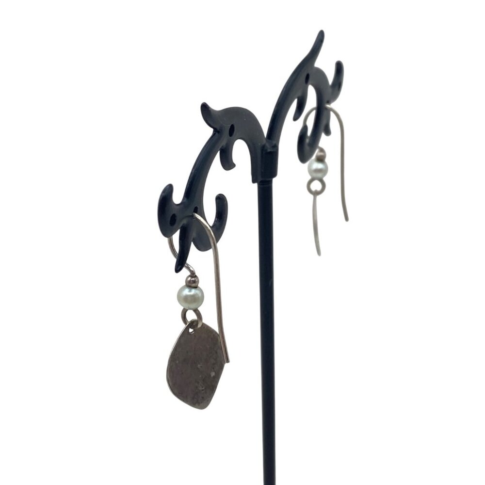 Tested Sterling Silver Earrings Freshwater Pearl Engraved Floral Boho Vtg Dangle - Picture 7 of 10